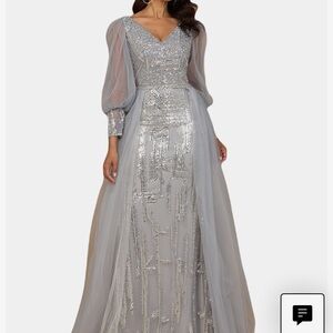 LARA Silver Long Sleeve Lace Maxi Dress, Mother of the bride or groom dress.